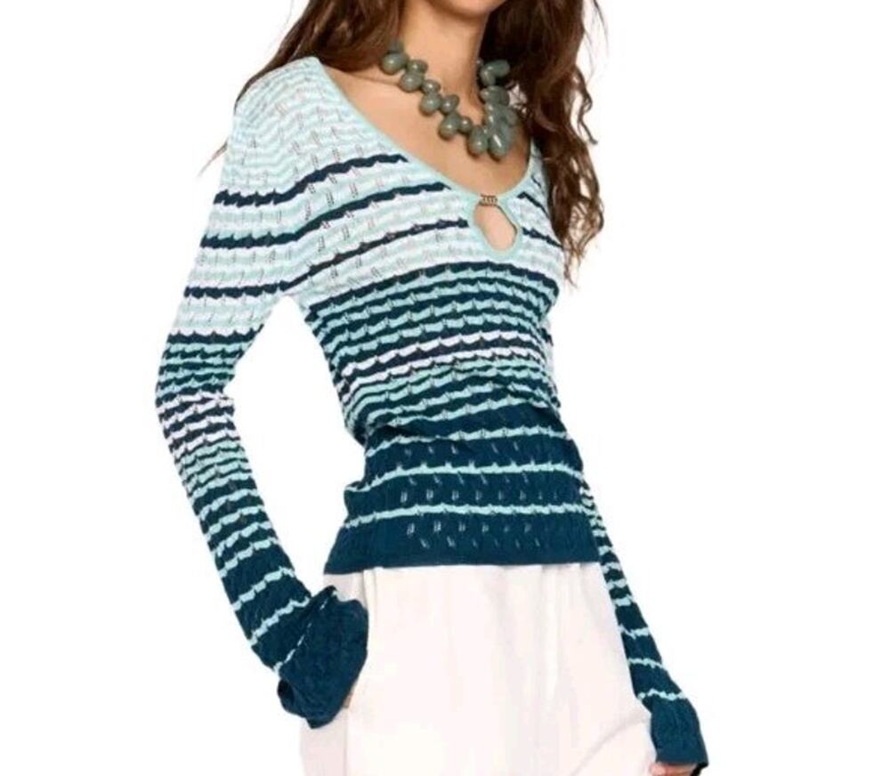NEW Romy Havana Crochet Top Striped AU L US 8 Long Sleeve Pointelle Knit Slim